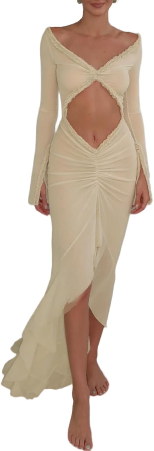 Floerns Women's Beach Vacation Mesh Sheer V Neck Maxi Dress Frill Hem Bodycon Cut Out Front Long Sleeve Dress