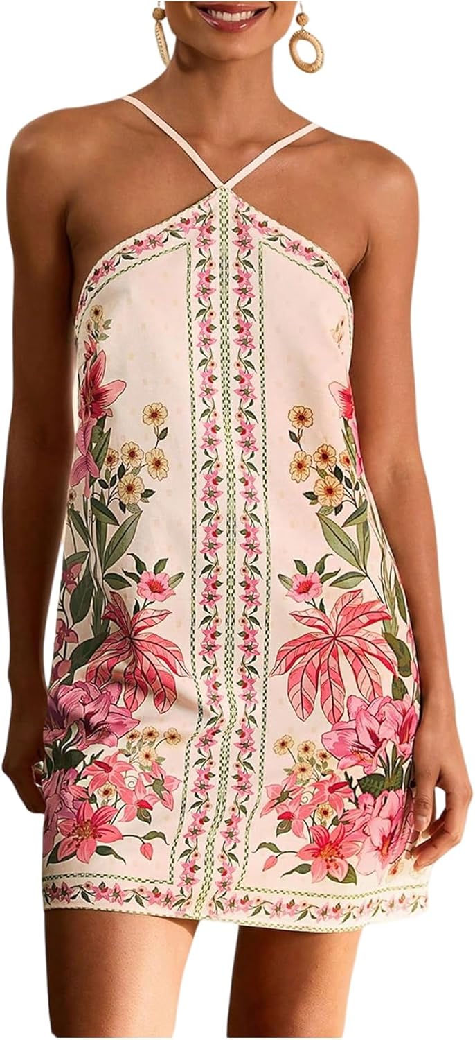 Floerns Women's Boho Floral Print Backless Cami Dress Sleeveless Vacation Short Dresses