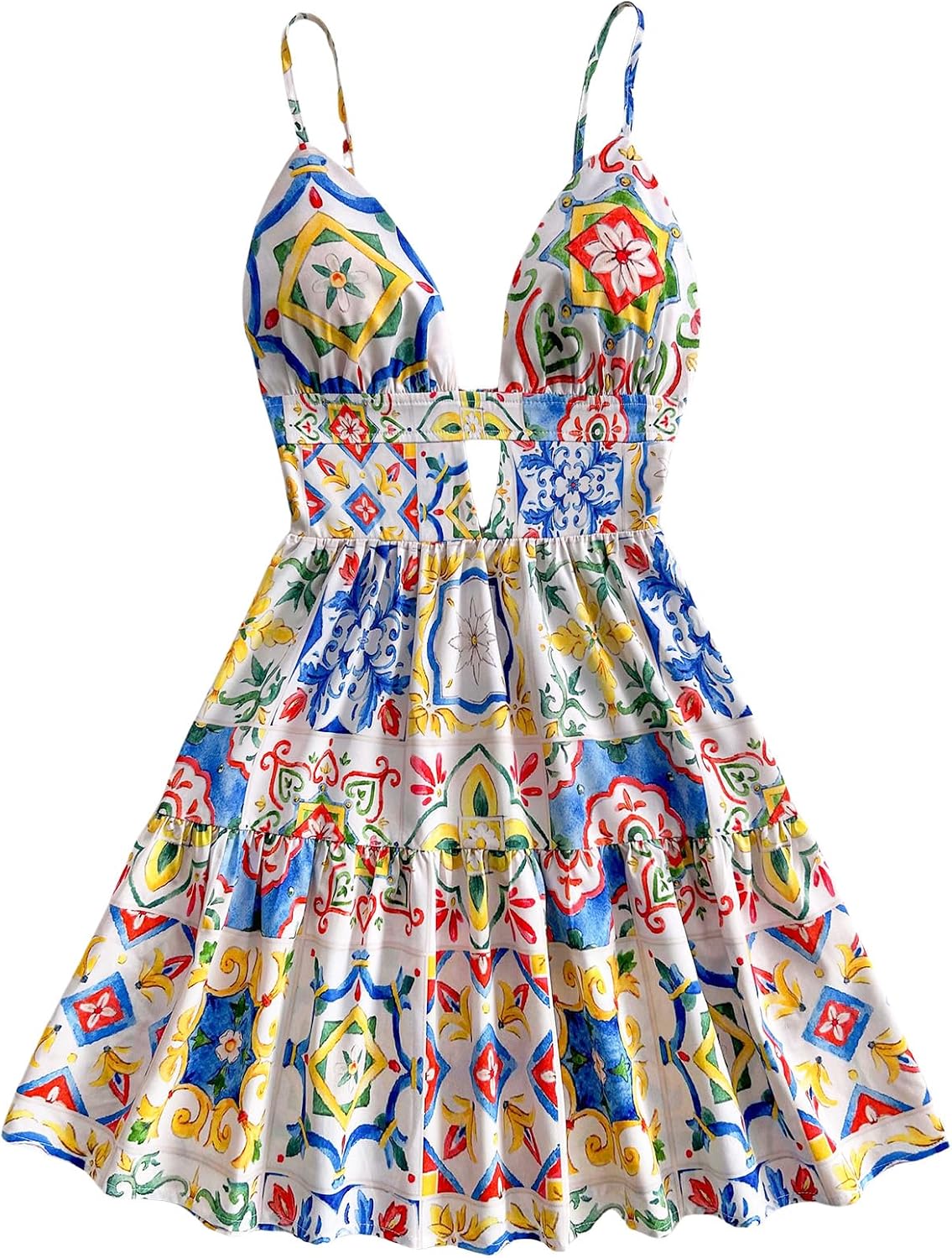 Floerns Women's Boho Floral Print Mini Dresses Cut Out V Neck Tiered Summer Cami Dresses