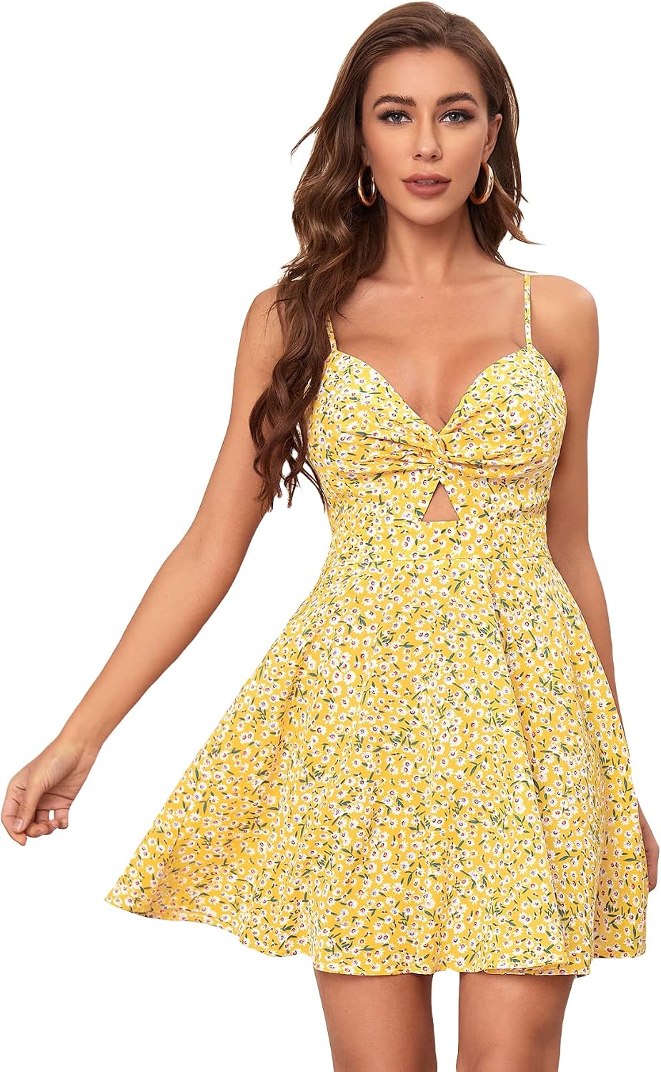 Floerns Women's Boho Floral Print Twist Front Cami A Line Mini Dress