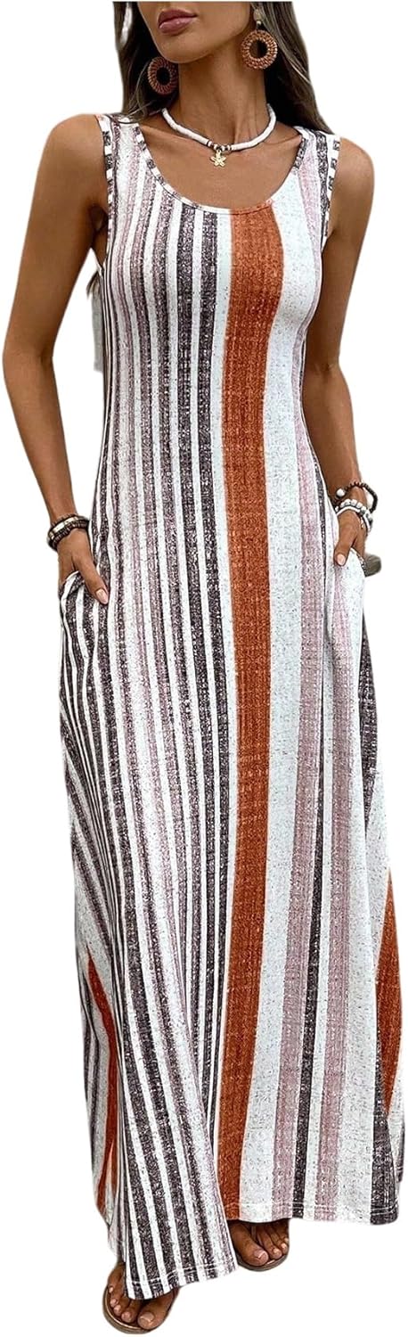 Floerns Women's Boho Striped Tank Maxi Dress Sleeveless Scoop Neck Summer Vacation Long Dresses