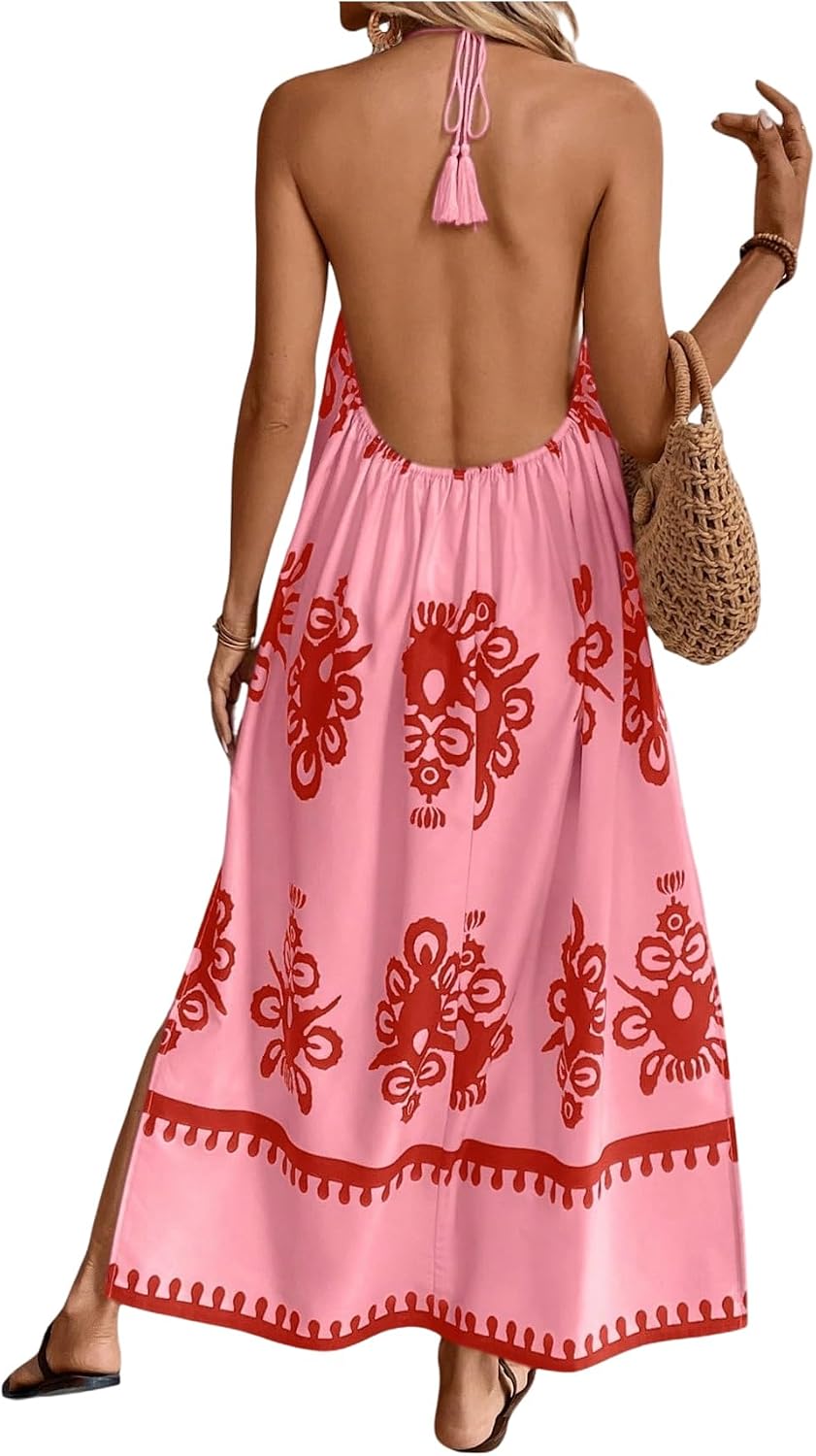 Floerns Women's Boho Tribal Halter Dress Sleeveless Backless A Line Long Dresses
