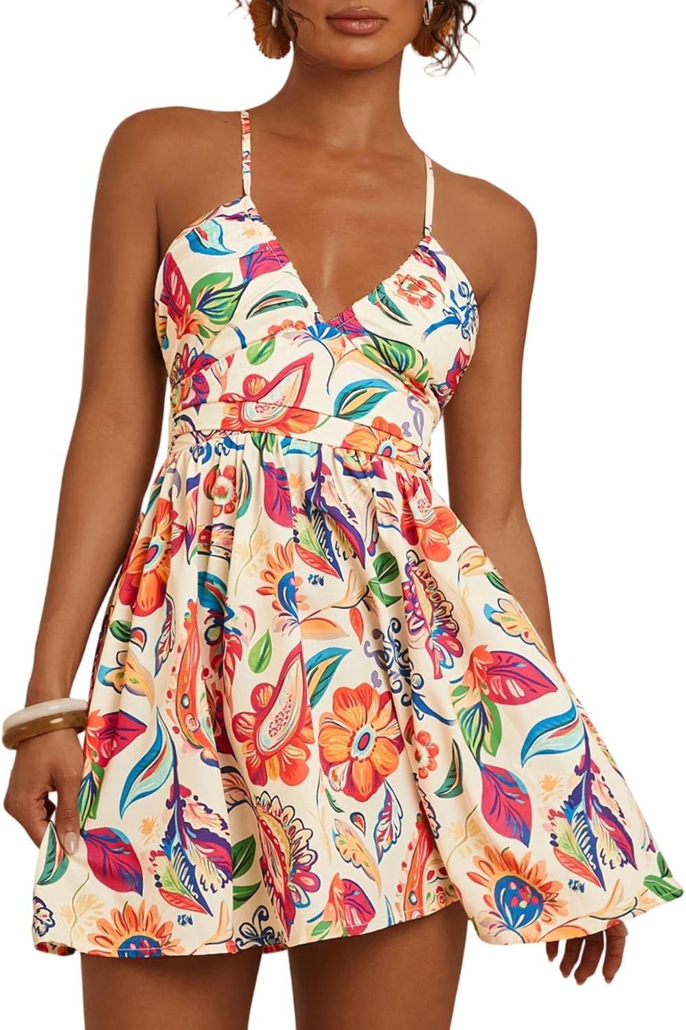 Floerns Women's Boho Tropical Mini Dress Spaghetti Strap Criss Cross Tie Back Summer Dresses Sundress