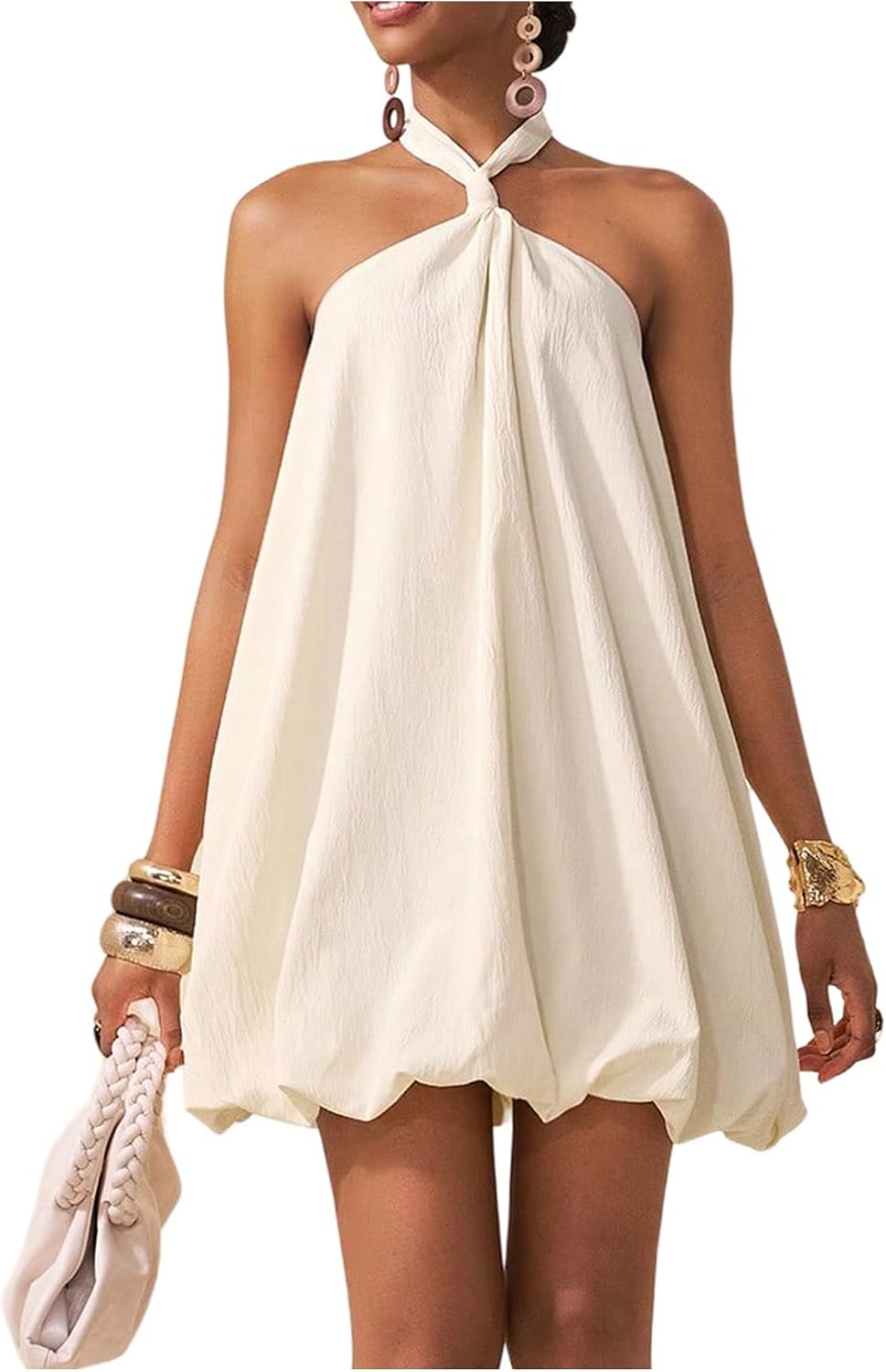 Floerns Women's Bubble Mini Halter Dress Knot Tie Backless A Line Party Vacation Dresses