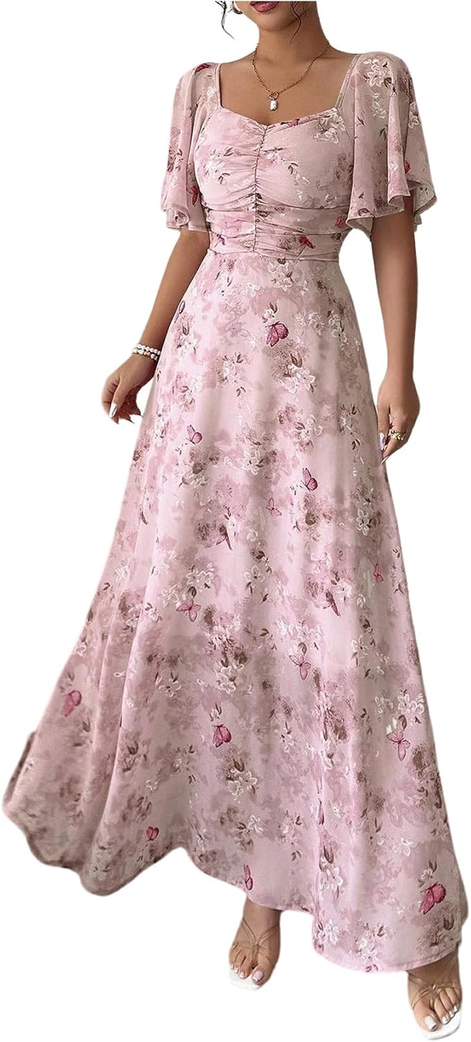 Floerns Women's Butterfly Short Sleeve Boho Maxi Dress Sweetheart Neck Vacation A Line Dresses