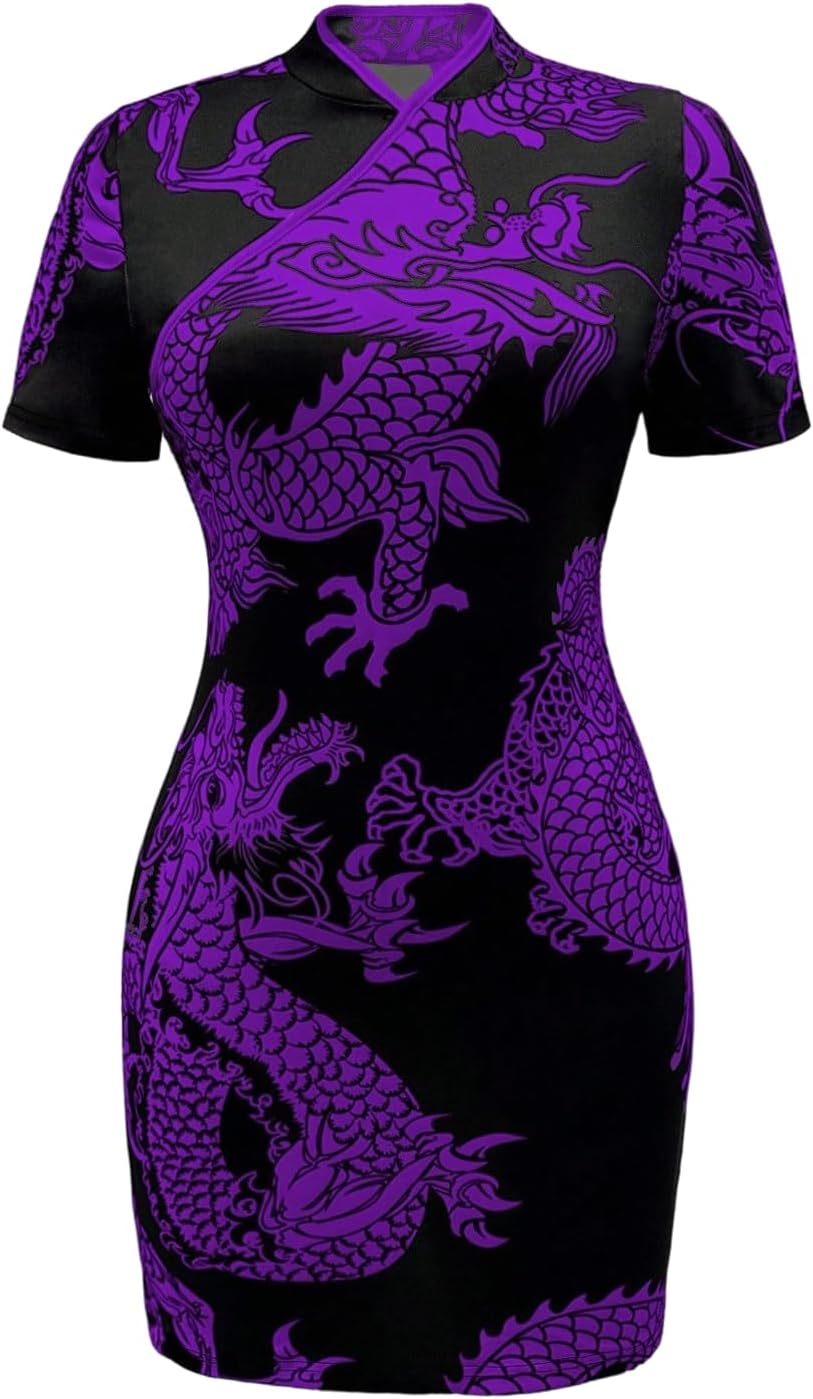 Floerns Women's Cheongsam Chinese Traditional Dragon Print Qipao Bodycon Mini Dress