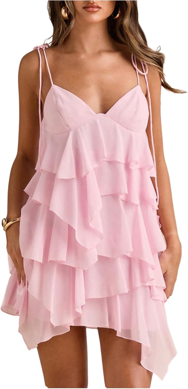 Floerns Women's Cocktail Tie Shoulder Mini Dress Sleeveless Layered Ruffle Cami Sundress