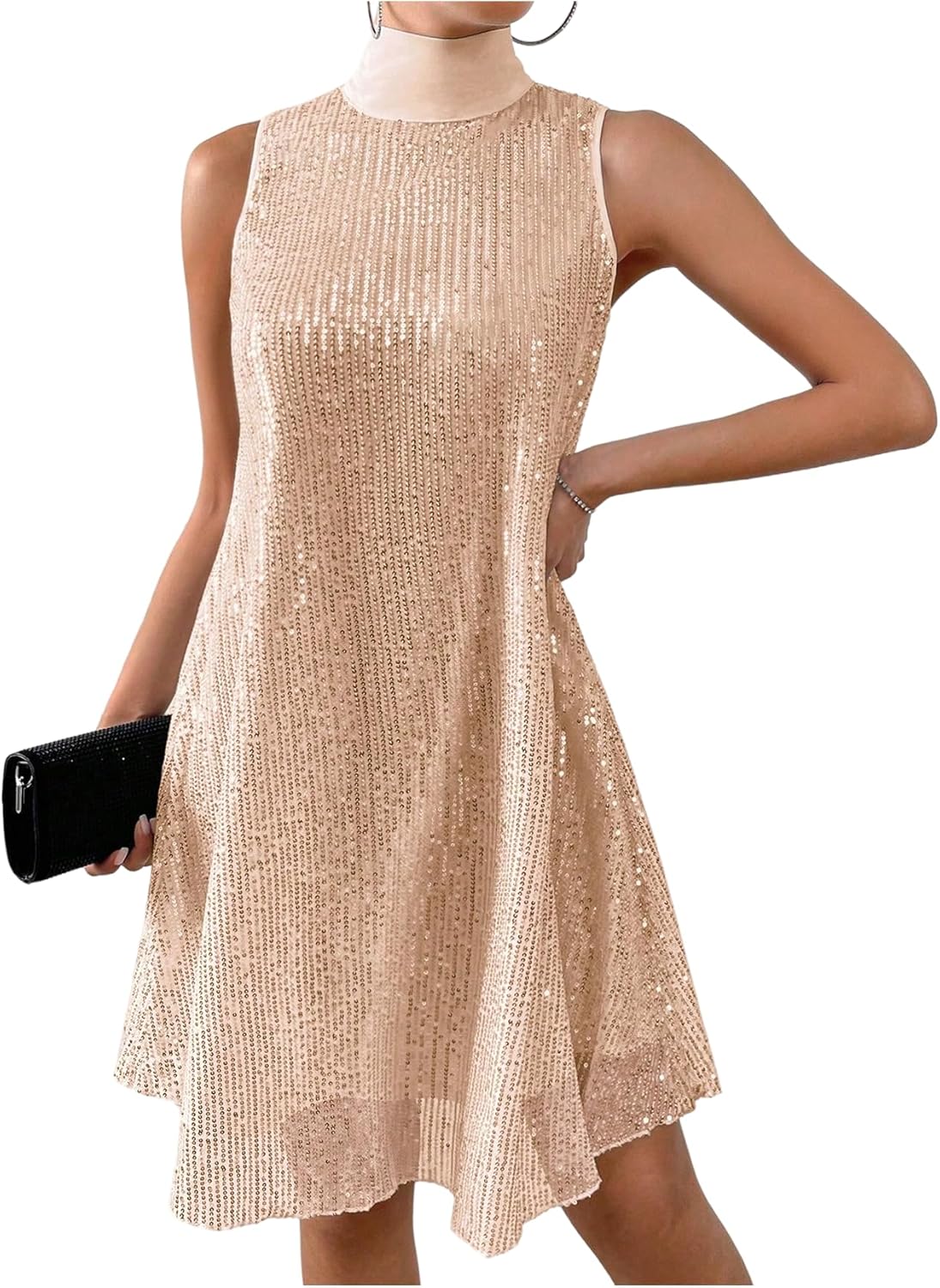 Floerns Women's Contrast Sequin Sleeveless Tank Dress High Neck Bow Shiny Party Dress