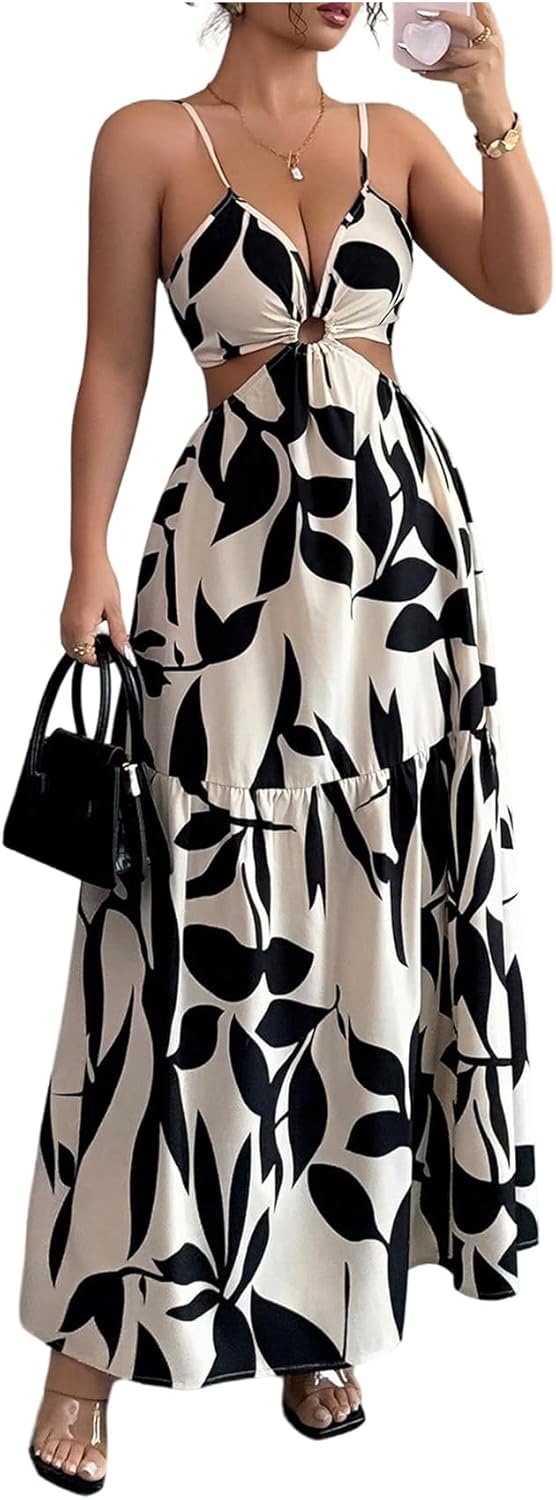 Floerns Women's Cut Out Tie Back Boho Maxi Dress Spaghetti Strap Beach Vacation Tiered Long Dresses