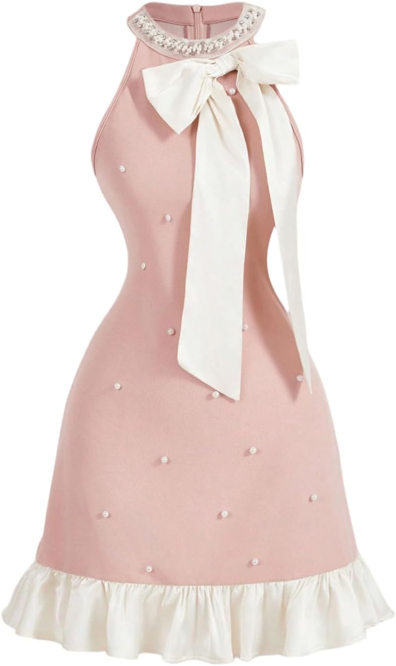 Floerns Women's Cute Bowknot Halter Dress Pearl Beaded Ruffle Hem Party Mini Dresses