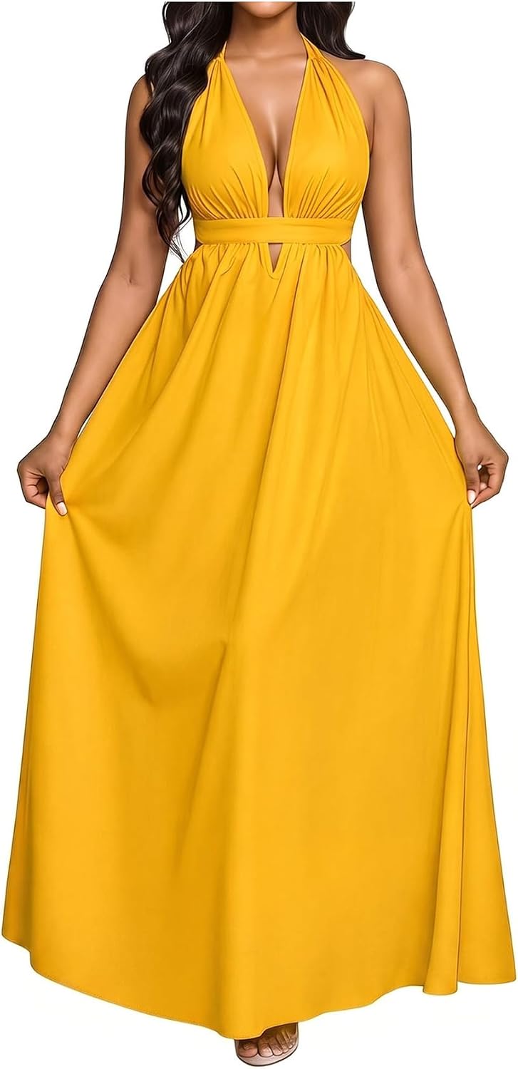 Floerns Women's Elegant Deep V Neck Halter Dress Sleeveless Backless Flowy Maxi Dresses