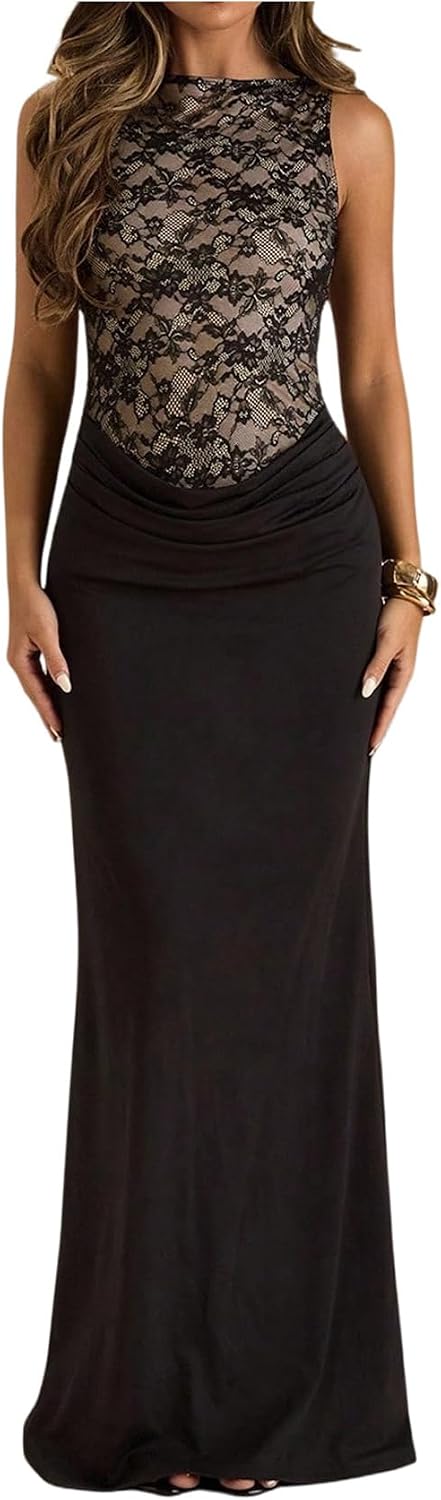Floerns Women's Elegant Mesh Sleeveless Maxi Dress Ruched Bodycon Evening Wedding Guest Dresses